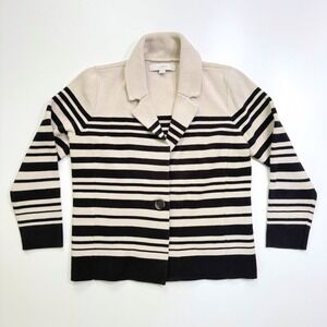 LOFT Cardigan Sweater Women Medium Cream Black Striped Blazer Style Button Front